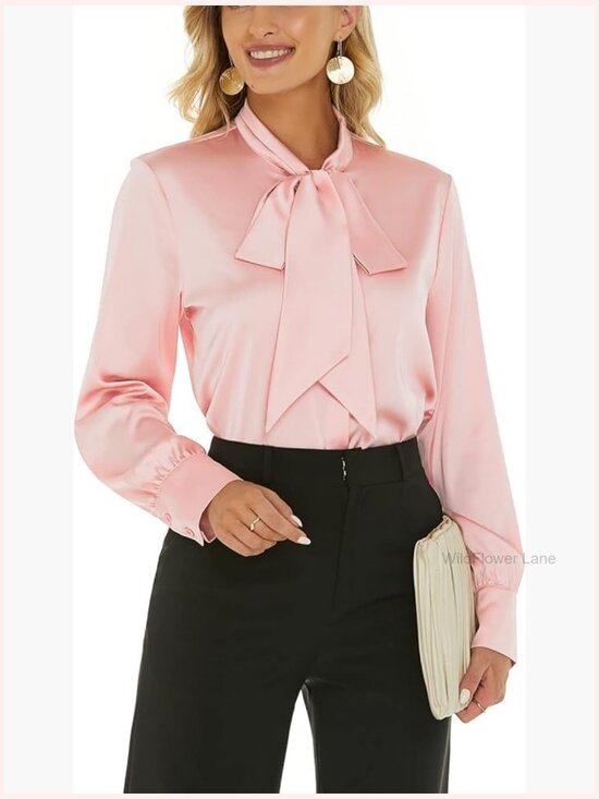 Tops - BOW TIE NECK SATIN BLOUSE LONG SLEEVE BUTTON DOWN SHIRT FOR WORK OFFICE
